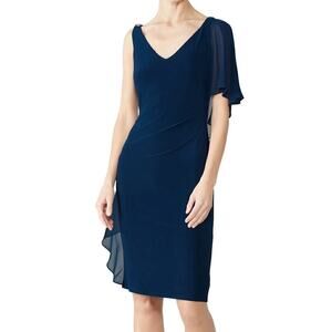 Lauren Ralph Lauren Annika Dress V-Neck Single Cape Sheath Knee Length Blue 0